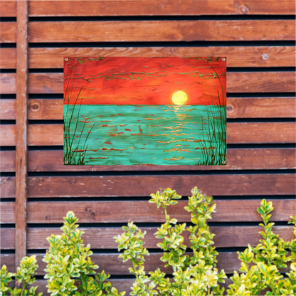 Kleurrijke zonsondergang boven kalm water schilderij tuinposter