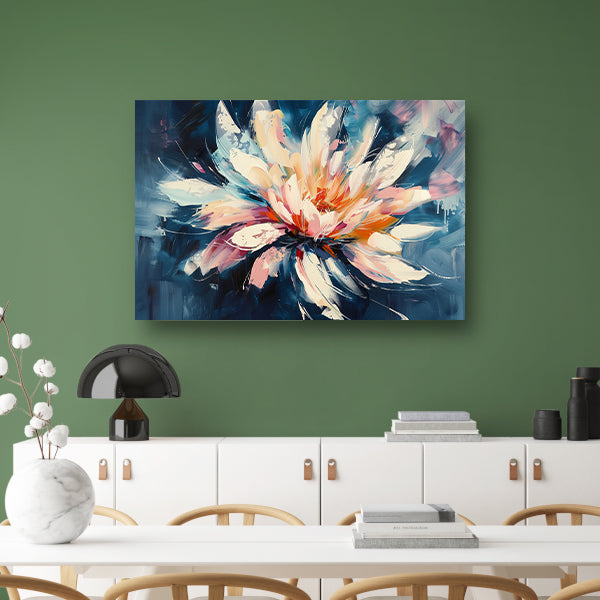 Kleurrijk abstract schilderij van chrysant bloem canvas met baklijst