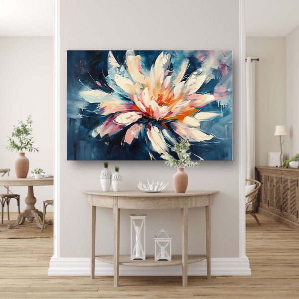 Kleurrijk abstract schilderij van chrysant bloem canvas met baklijst