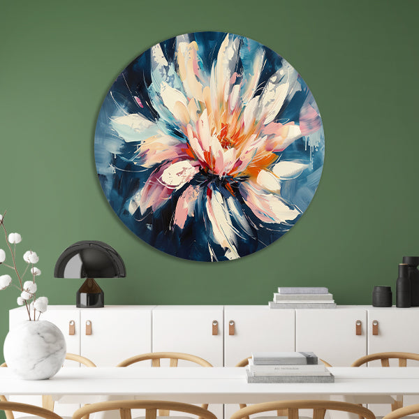 Kleurrijk abstract schilderij van chrysant bloem aluminium muurcirkel