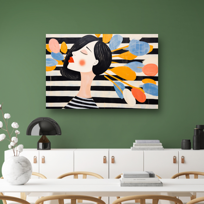 Moderne vrouw omringd door zwevende bloemen acrylglas