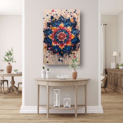 Abstract Bloemenmandala in Levendige Popart Stijl canvas met baklijst