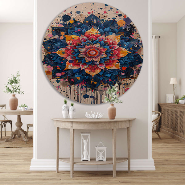 Abstract Bloemenmandala in Levendige Popart Stijl aluminium muurcirkel