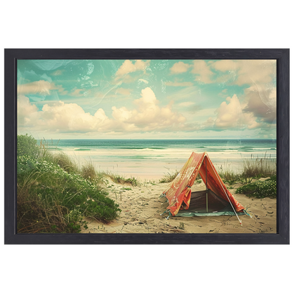 Eenzame strandtent bij zonsondergang canvas met baklijst
