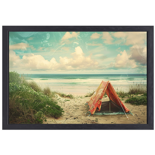 Eenzame strandtent bij zonsondergang canvas met baklijst