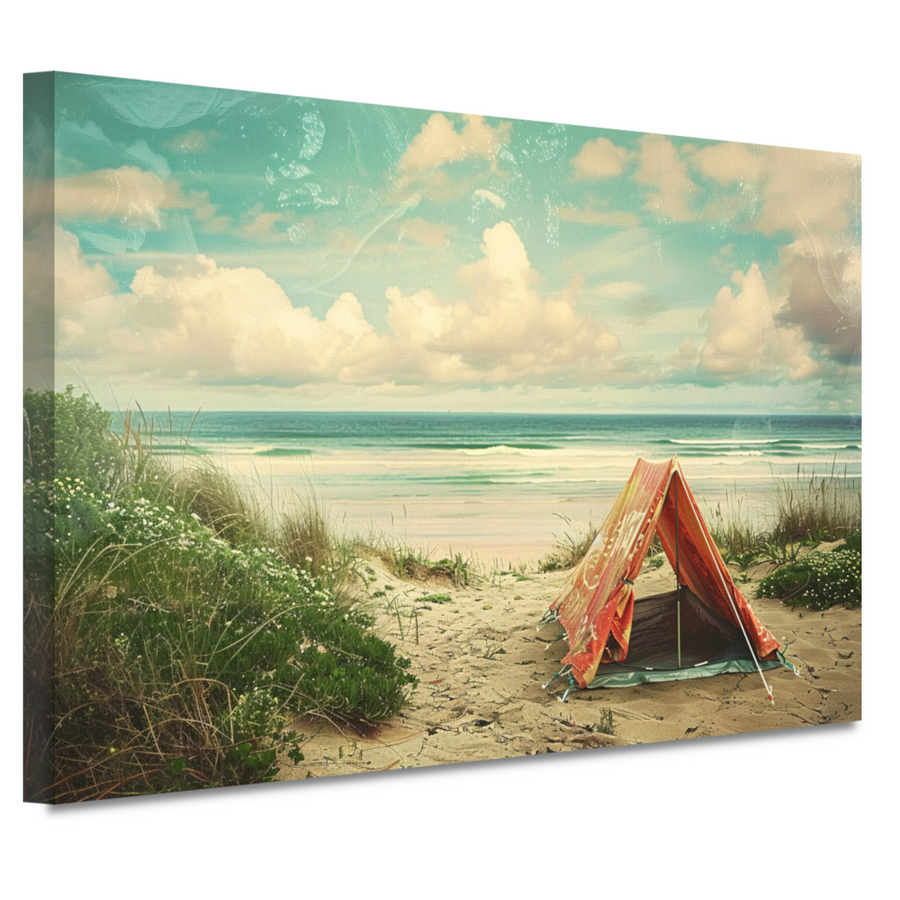 Eenzame strandtent bij zonsondergang canvas