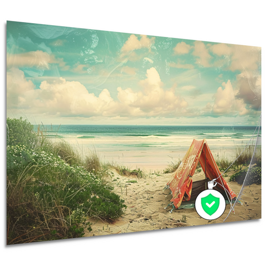 Eenzame strandtent bij zonsondergang poster