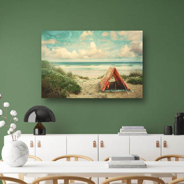 Eenzame strandtent bij zonsondergang poster