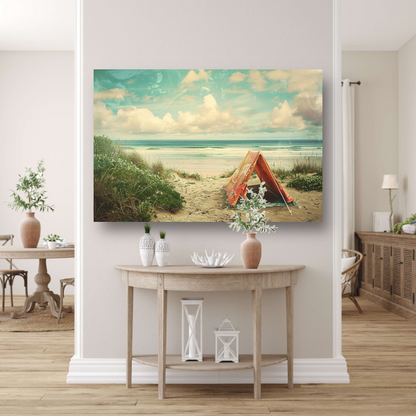 Eenzame strandtent bij zonsondergang poster