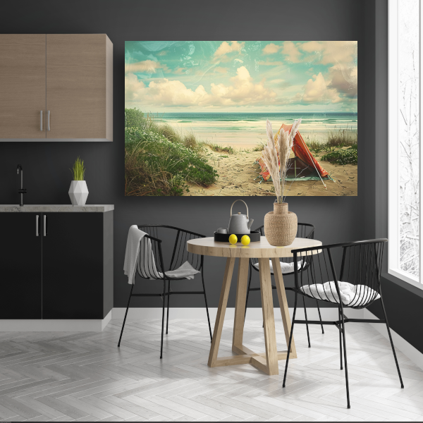 Eenzame strandtent bij zonsondergang poster