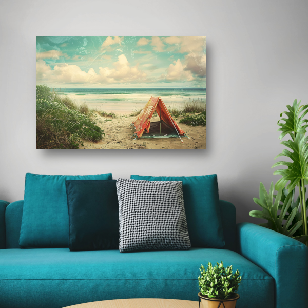 Eenzame strandtent bij zonsondergang poster