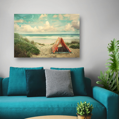 Eenzame strandtent bij zonsondergang canvas met baklijst