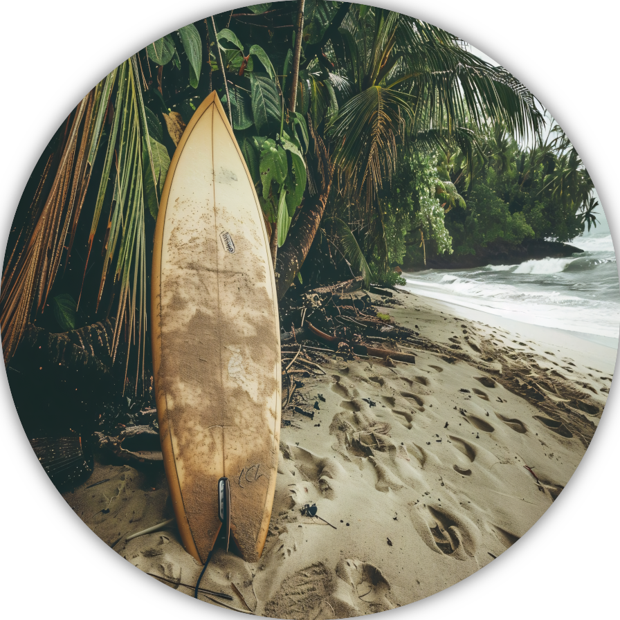 Abstracte surfplank op het strand aluminium muurcirkel