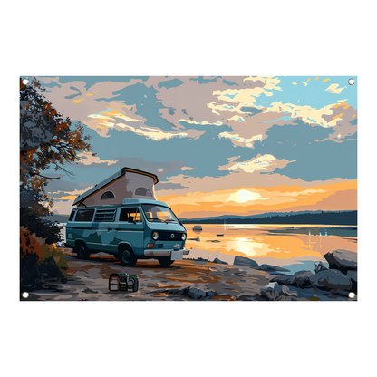 Camper rust op idyllisch meer tuinposter