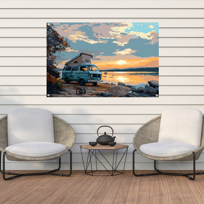 Camper rust op idyllisch meer tuinposter