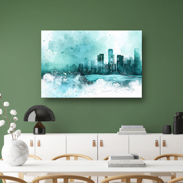 Abstracte skyline in blauwe tinten schilderij poster