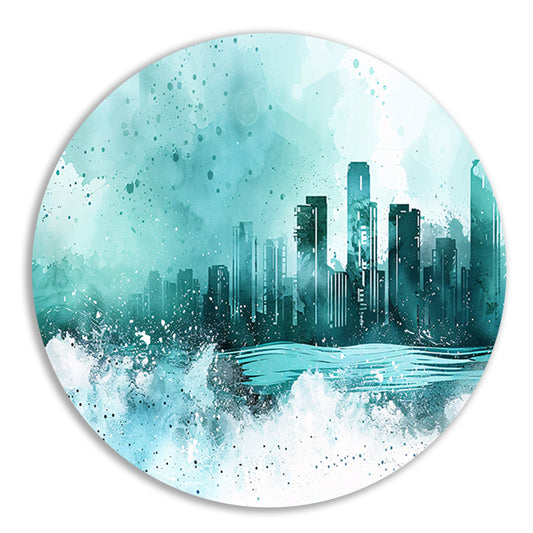 Abstracte skyline in blauwe tinten schilderij aluminium muurcirkel
