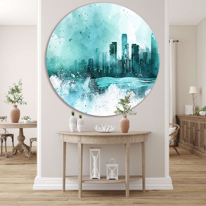 Abstracte skyline in blauwe tinten schilderij aluminium muurcirkel