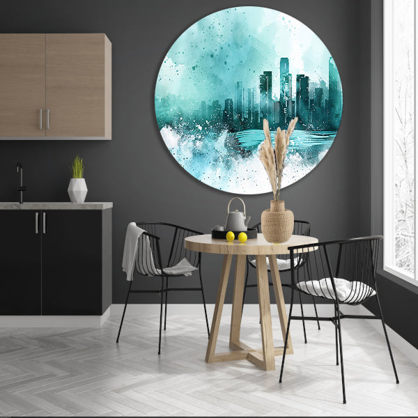 Abstracte skyline in blauwe tinten schilderij aluminium muurcirkel