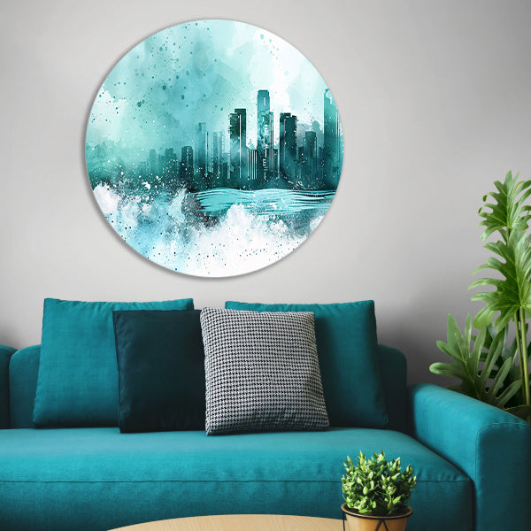 Abstracte skyline in blauwe tinten schilderij aluminium muurcirkel
