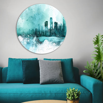 Abstracte skyline in blauwe tinten schilderij aluminium muurcirkel