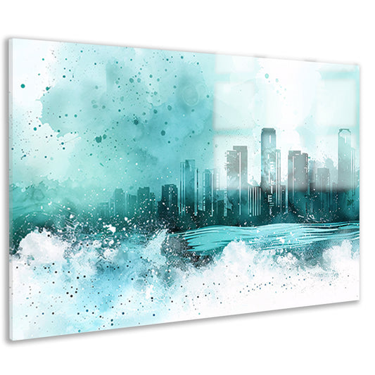 Abstracte skyline in blauwe tinten schilderij acrylglas