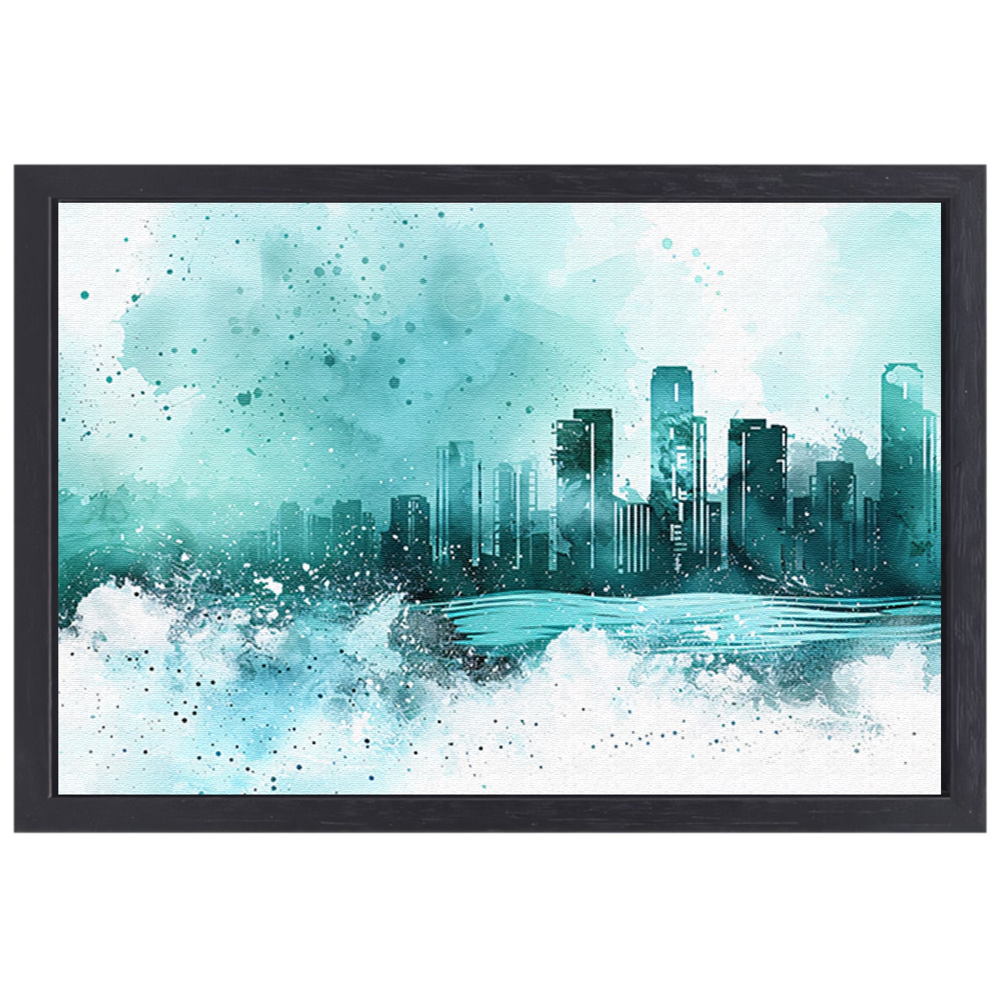 Abstracte skyline in blauwe tinten schilderij canvas met baklijst