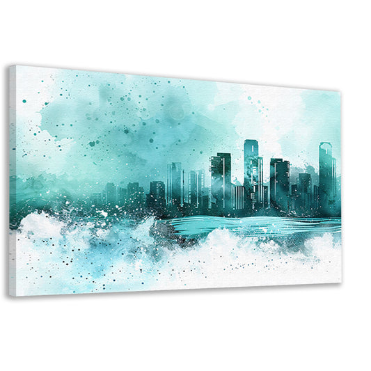 Abstracte skyline in blauwe tinten schilderij canvas