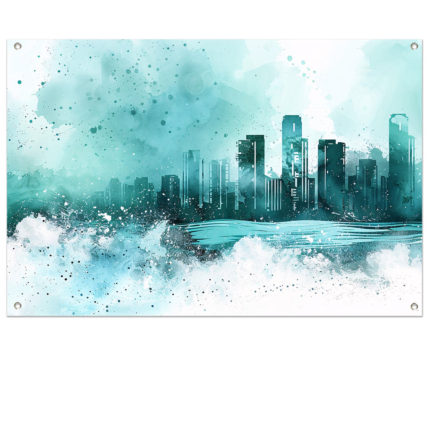 Abstracte skyline in blauwe tinten schilderij tuinposter