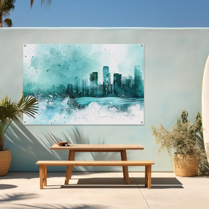 Abstracte skyline in blauwe tinten schilderij tuinposter