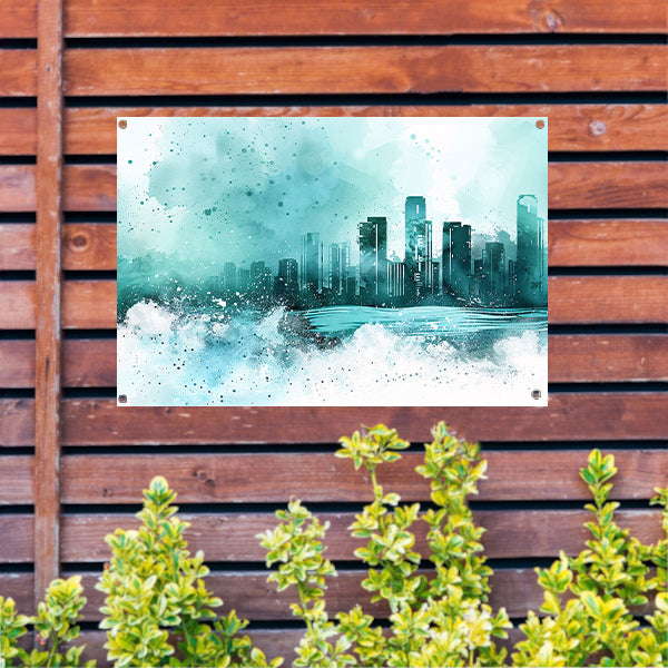 Abstracte skyline in blauwe tinten schilderij tuinposter