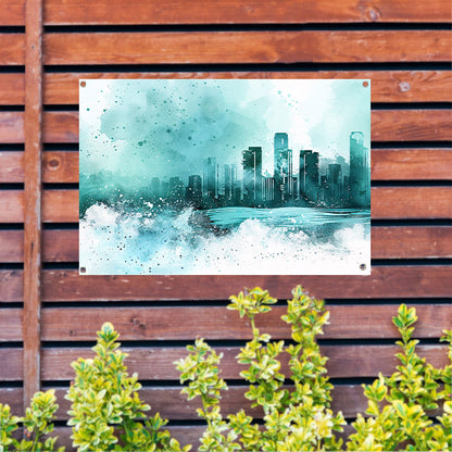 Abstracte skyline in blauwe tinten schilderij tuinposter