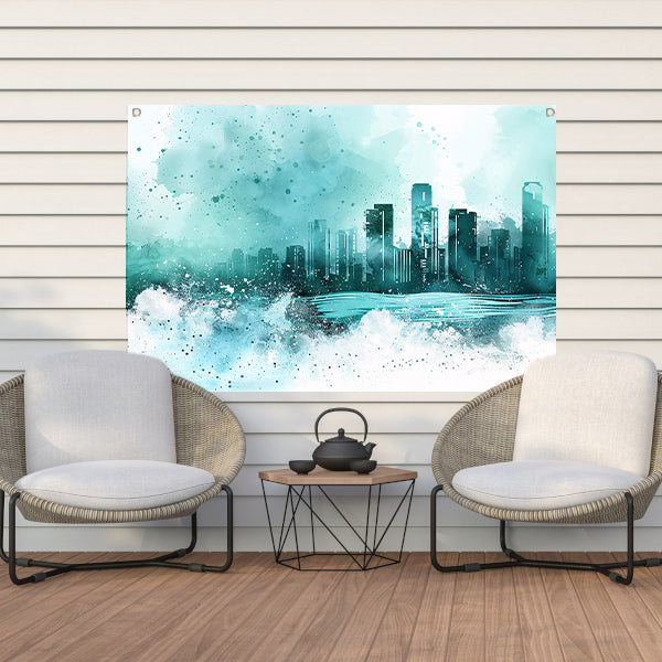 Abstracte skyline in blauwe tinten schilderij tuinposter