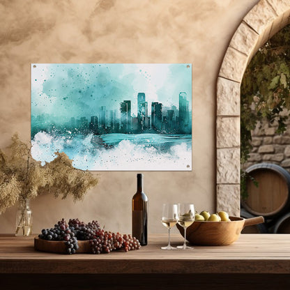 Abstracte skyline in blauwe tinten schilderij tuinposter