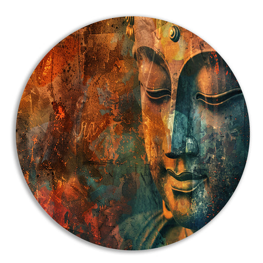 Mysterieus Boeddha portret in rustieke stijl aluminium muurcirkel