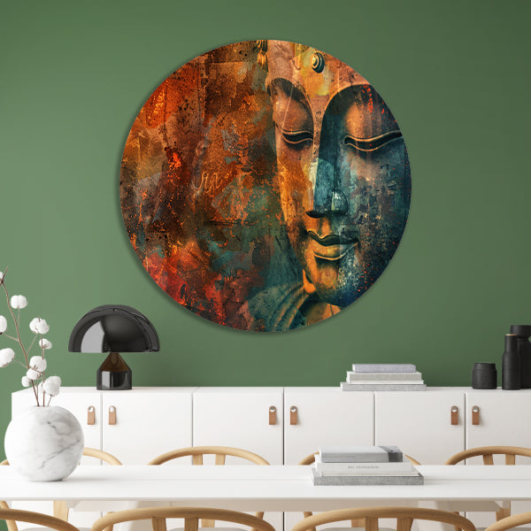 Mysterieus Boeddha portret in rustieke stijl aluminium muurcirkel