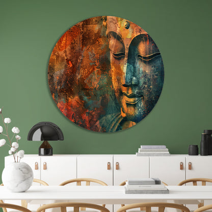 Mysterieus Boeddha portret in rustieke stijl aluminium muurcirkel
