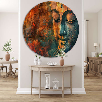 Mysterieus Boeddha portret in rustieke stijl aluminium muurcirkel
