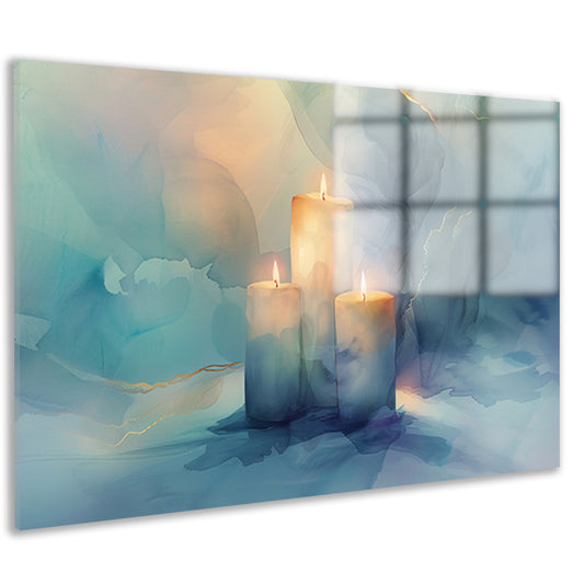Drie brandende kaarsen in abstract ontwerp acrylglas