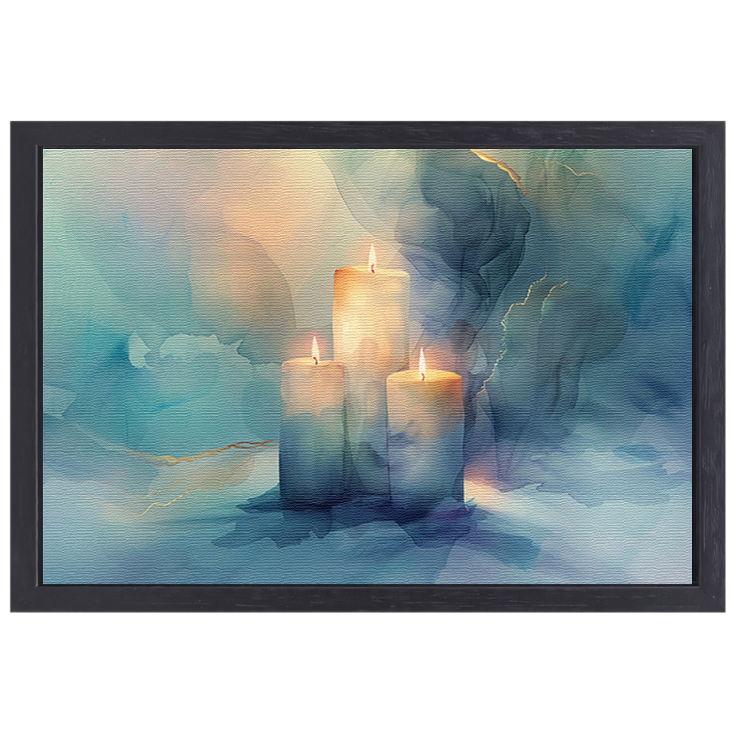 Drie brandende kaarsen in abstract ontwerp canvas met baklijst