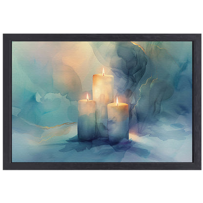 Drie brandende kaarsen in abstract ontwerp canvas met baklijst