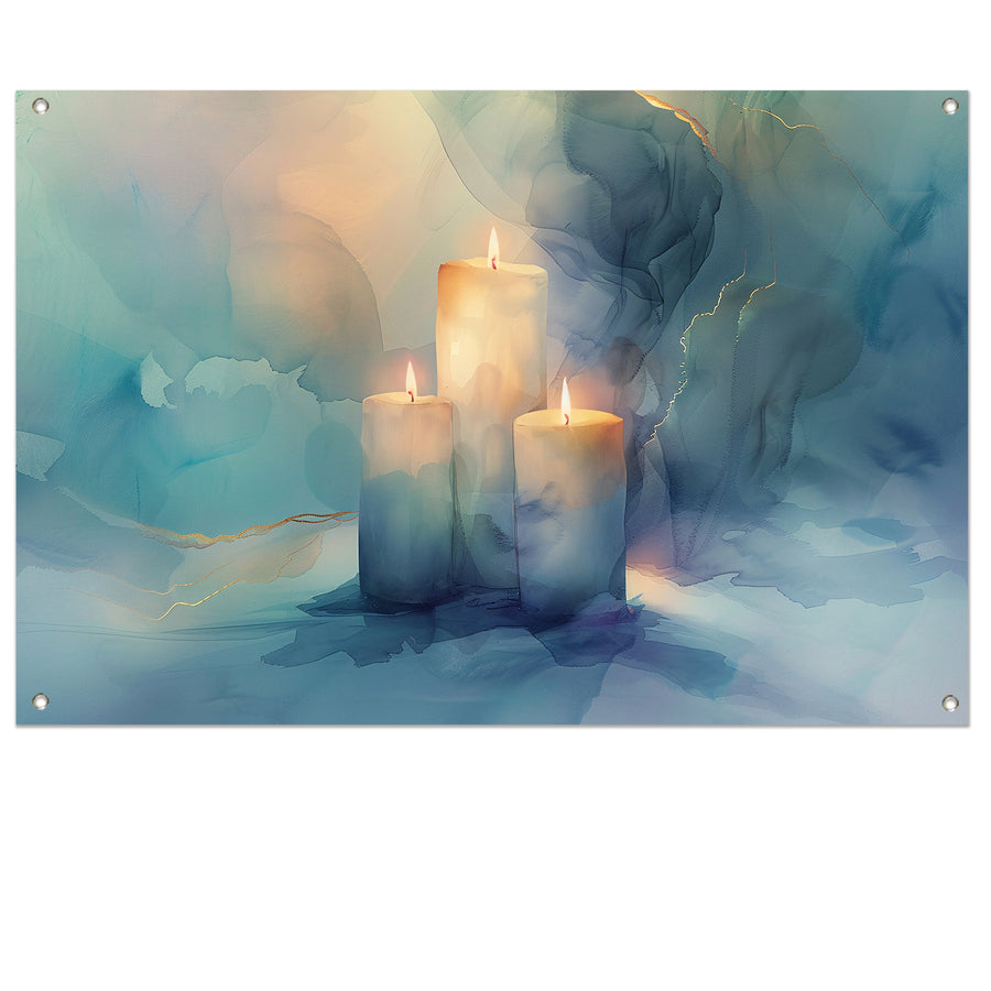 Drie brandende kaarsen in abstract ontwerp tuinposter