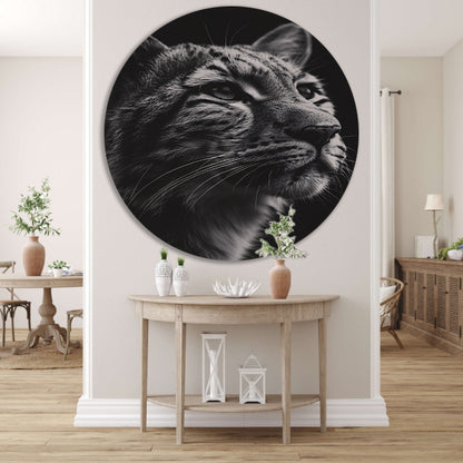 Indrukwekkend zwart-wit close-up portret van een luipaard aluminium muurcirkel