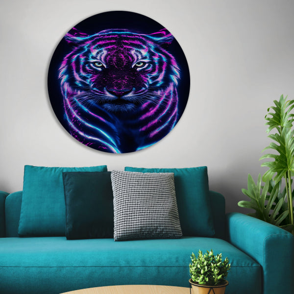 Futuristische tijger met bioluminescente kleuren aluminium muurcirkel