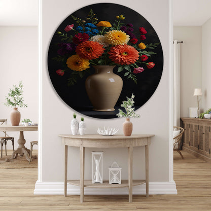 Levendige Vaas met Kleurrijke Bloemen Stilleven aluminium muurcirkel