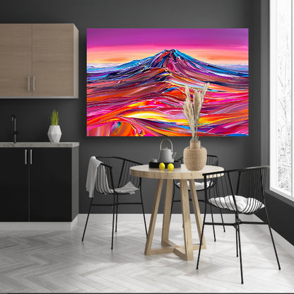 Kleurrijk abstract schilderij van berglandschap canvas met baklijst