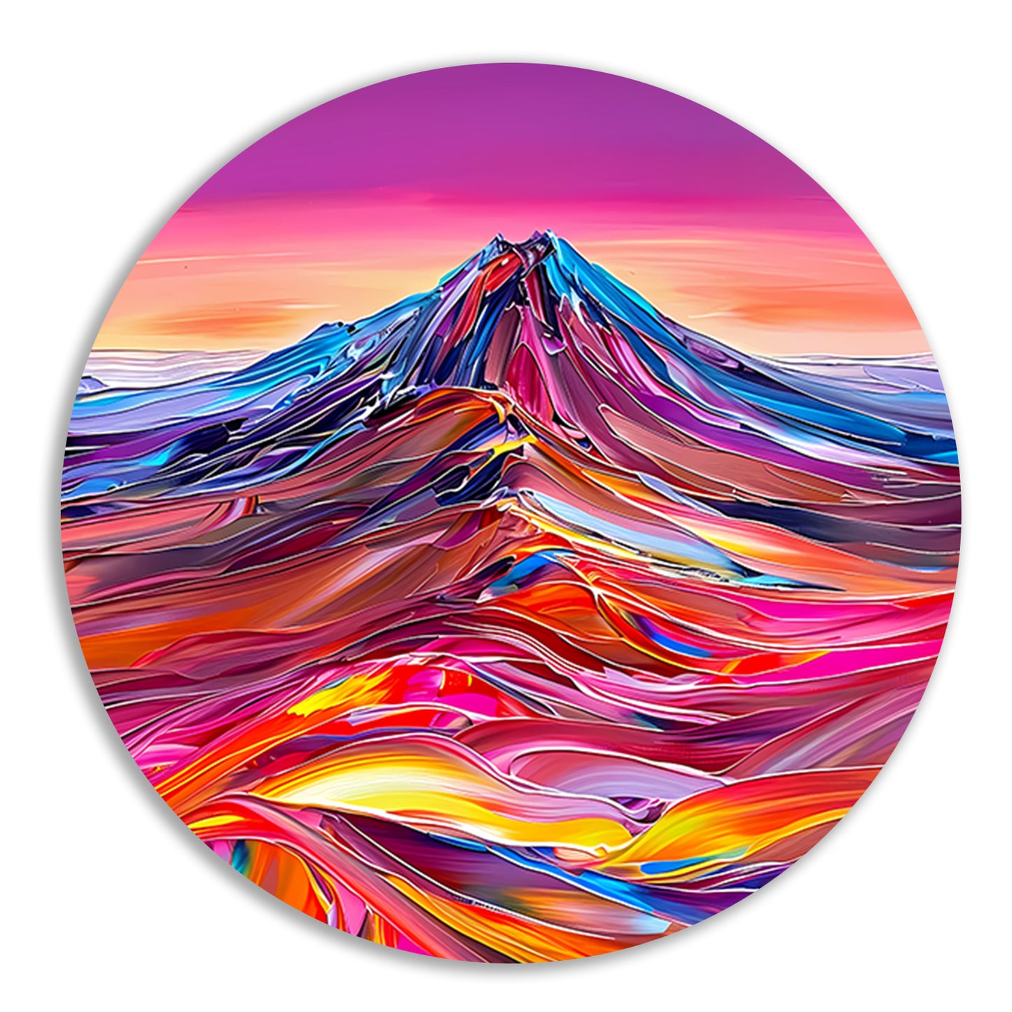 Kleurrijk abstract schilderij van berglandschap aluminium muurcirkel