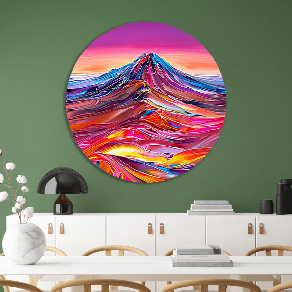 Kleurrijk abstract schilderij van berglandschap aluminium muurcirkel