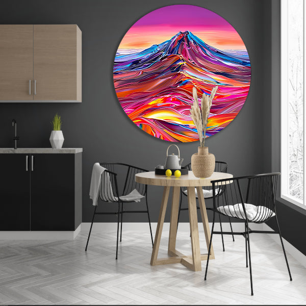 Kleurrijk abstract schilderij van berglandschap aluminium muurcirkel