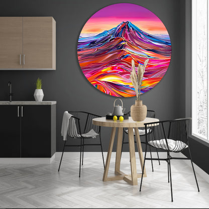 Kleurrijk abstract schilderij van berglandschap aluminium muurcirkel